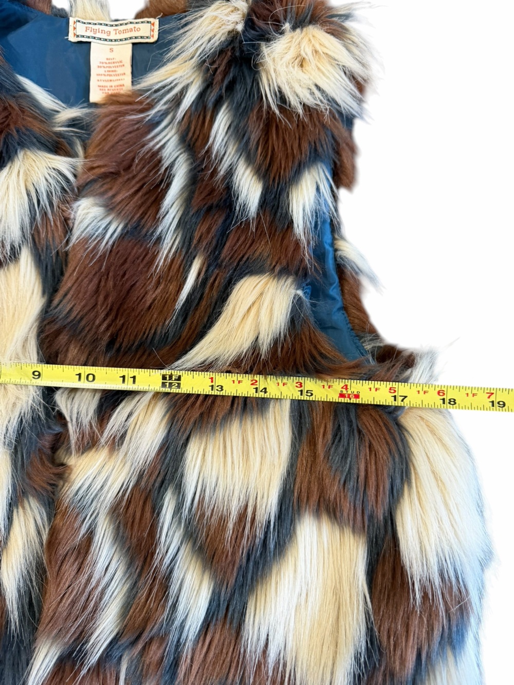 Flying Tomato Faux Fur Patchwork Vest Brown Cream Size S - Picture 4 of 7